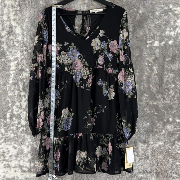 NEW Rewind Size M Dark Floral Boho Keyhole Mini Summer Dress Black Long Sleeve - Picture 2 of 11